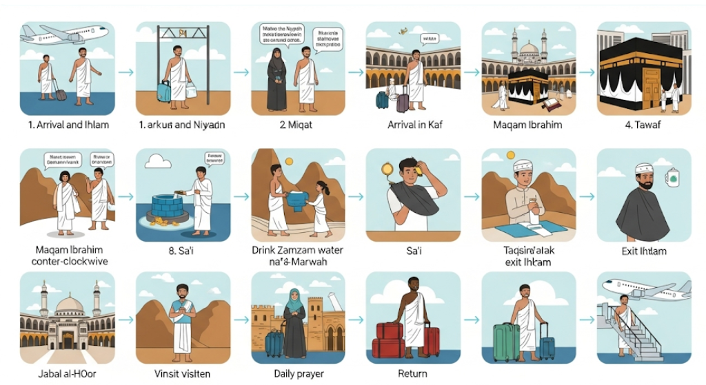 A step-by-step guide for the pilgrim from the plane until the return